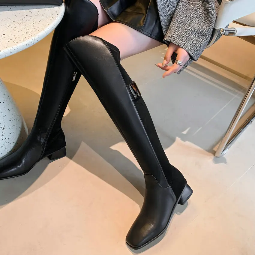 QUTAA 2024 Women Knee-High Boots Genuine Leather Med Heels Square Toe Zipper Knight Boots Autumn Winter Office Lady Size 34-39