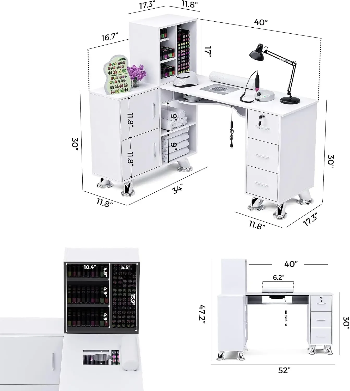 Manicure Table Nail Station w/Dust Collector - L-Shaped Nail Tech Table with Shelves, Storage Cabinets, Drawers, Metal Handles
