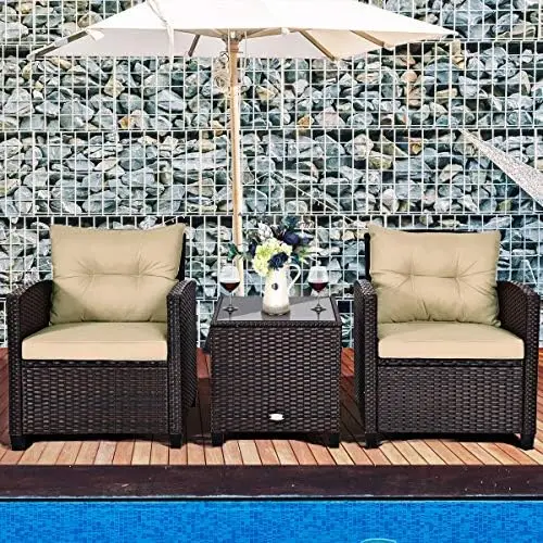 3 Piece Patio Furniture Set, Outdoor Conversation Set with Washable Cushions & Tempered Glass Tabletop, PE Rattan