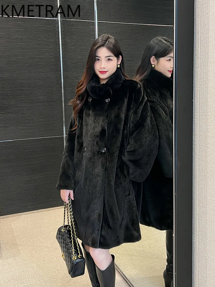 KMETRAM 100% chaqueta de piel de visón entera Natural para mujer, abrigo de piel de visón auténtica negro de longitud media de alta calidad, ropa de invierno para mujer 2025 шуба