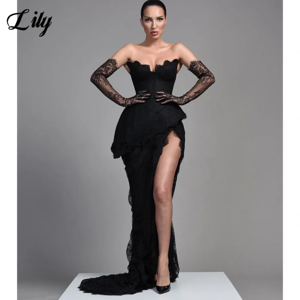 Lily Black Sexy Off-Shoulder Formal Dress for Woman Sweetheart Side Split Prom Gown with Back Strap Embroidery Lace Ball Gown