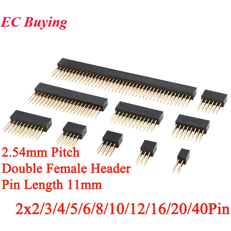 10pcs 2.54mm Double Row Female Long Pins 11mm PCB Board Pin Header Socket Connector 2x2 2x3 2x4 2x5 2x6 2x8 2x10 2x12 2x20 2x40