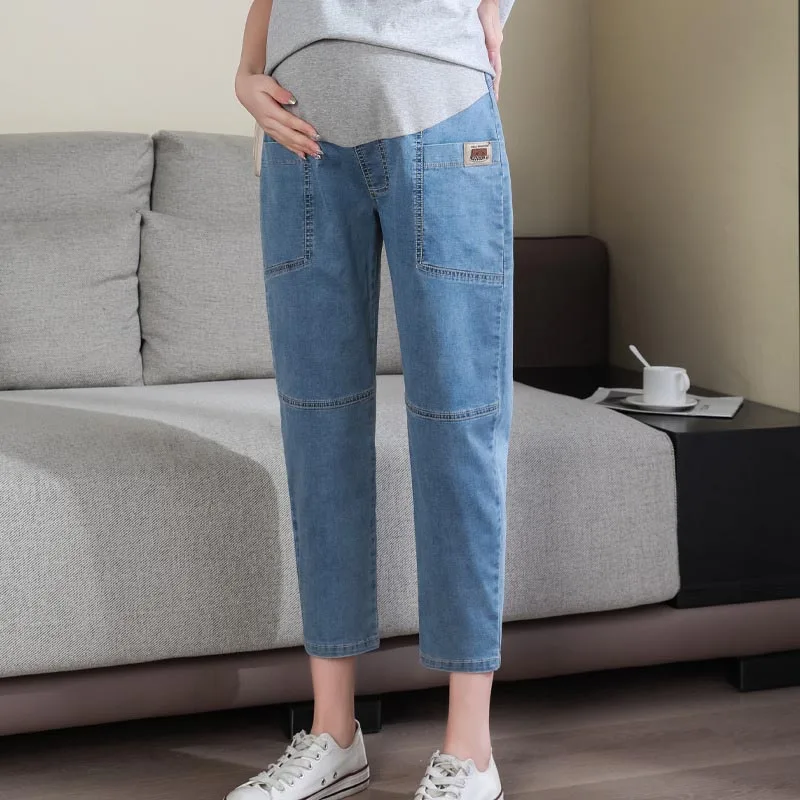 マタニティ用腹部サポートパンツ、妊娠中の女性向け、伸縮性のあるハイウエスト、デニム素材、妊娠期用衣料、プラスサイズ。