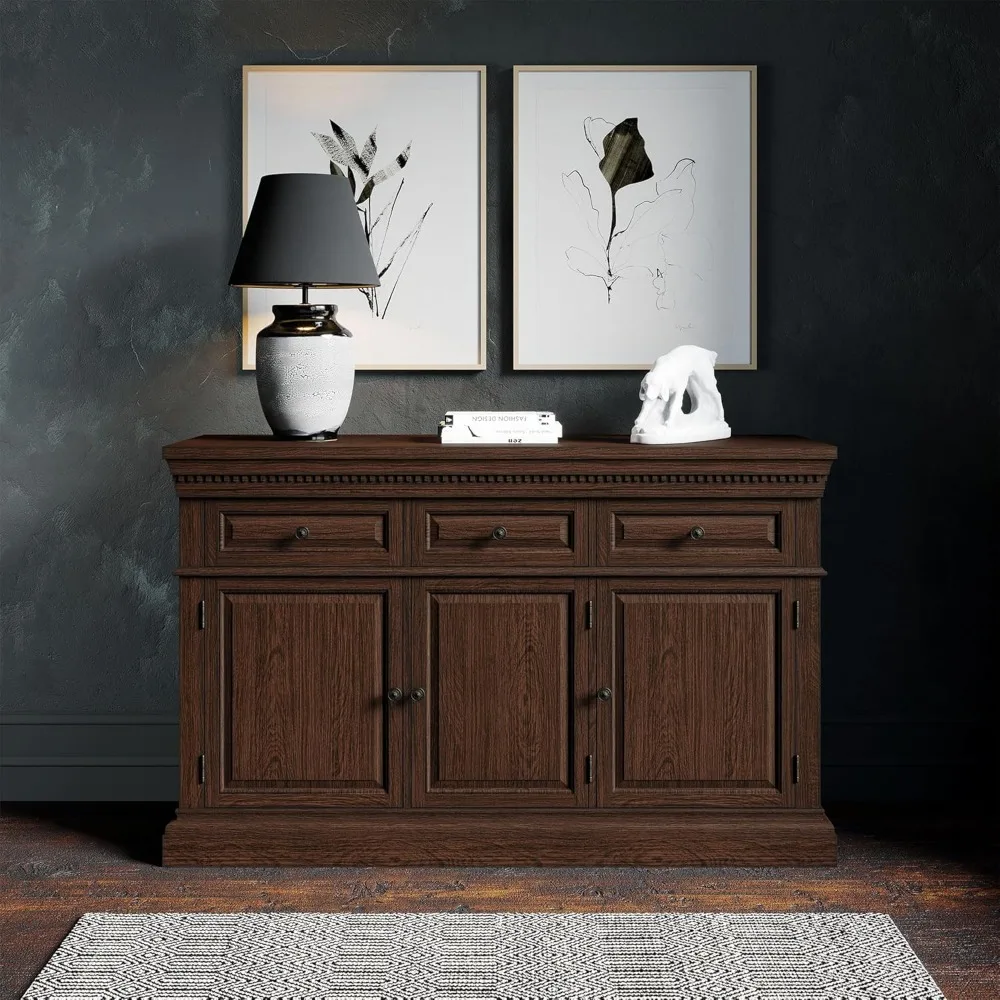 Traditional Large Wooden Sideboard, Accent Buffet Server Table with Doors for Kitchen or Living Room in Antiqued Brown Finish