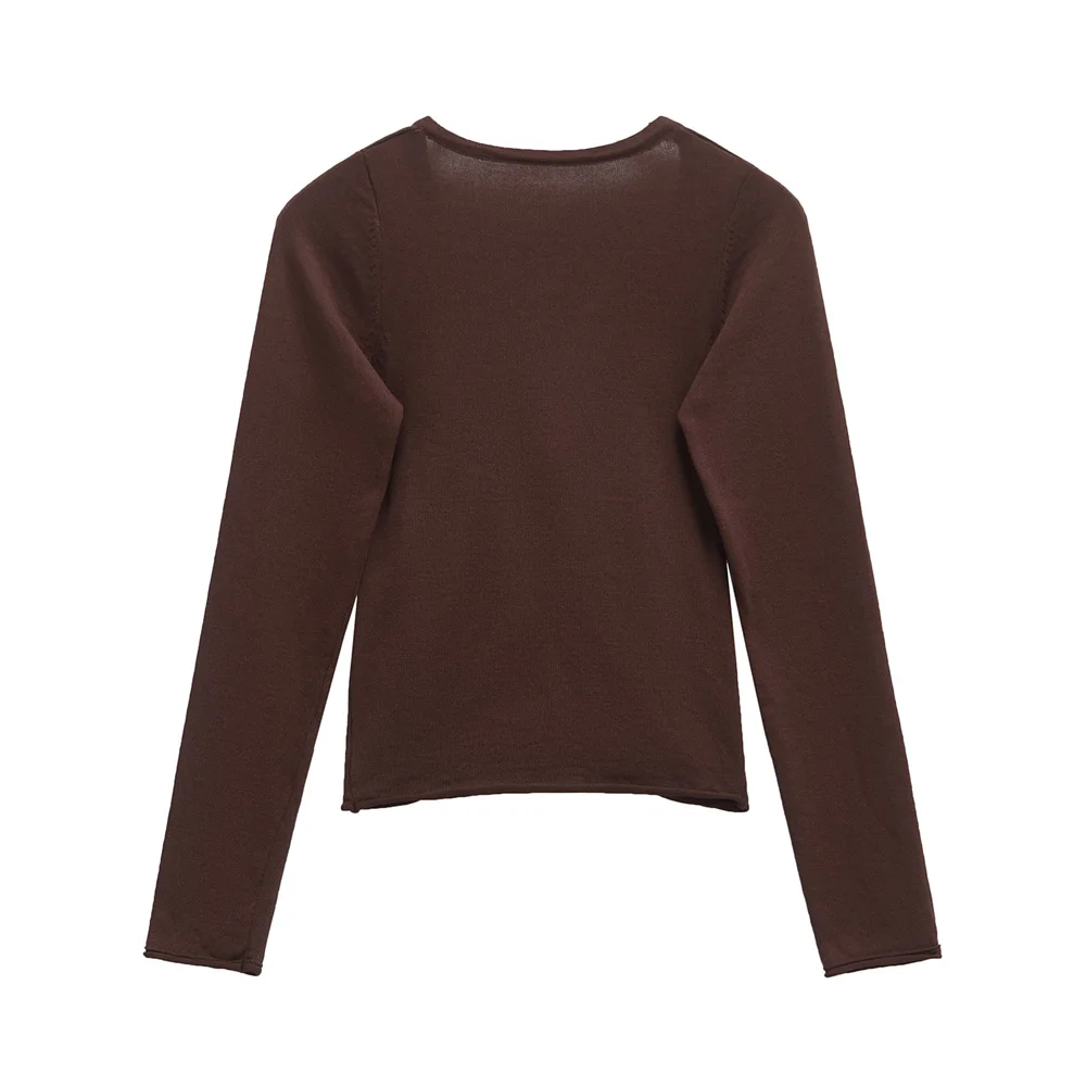 UNIZARA donna autunno e inverno nuovo slim fit corto scollo a V a maniche lunghe top a pieghe lavorato a maglia impreziosito da palla