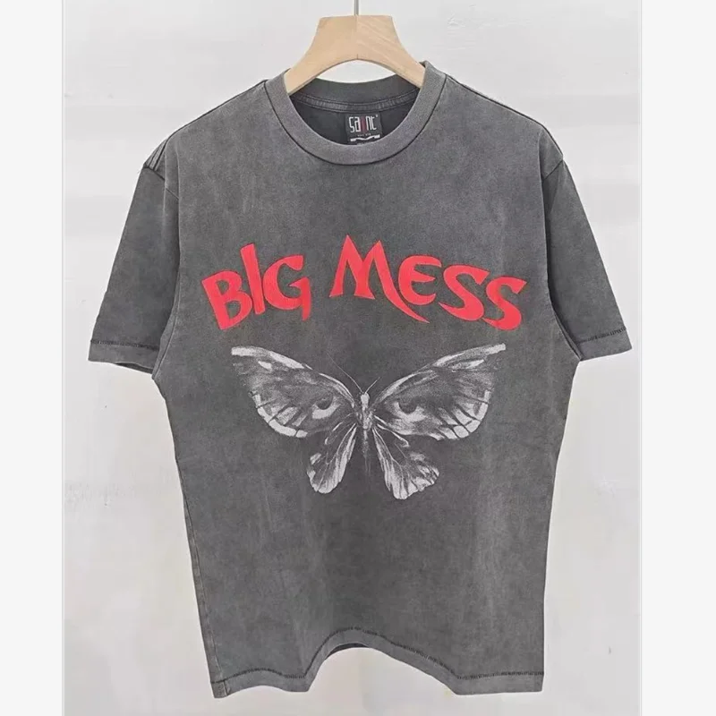 

Man Woman Butterfly Pattern Print Saint T-Shirt 25SS High Street Vintage Washed Black T Shirt Loose Best Quality Tops With Tags