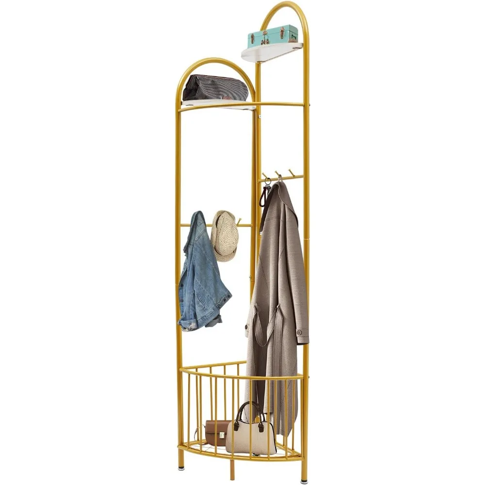 

Corner Coat Rack with Storage Basket, Multifunctional Corner Clothing Rack, 6 Hooks, 66.14lbs Capacity, Metal Corner Hall Tree
