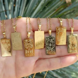 Stainless Steel Square Tarot Card Pendant Women Necklace Twelve Constellations Gold-Plated Clavicle Chain Horoscope Gifts