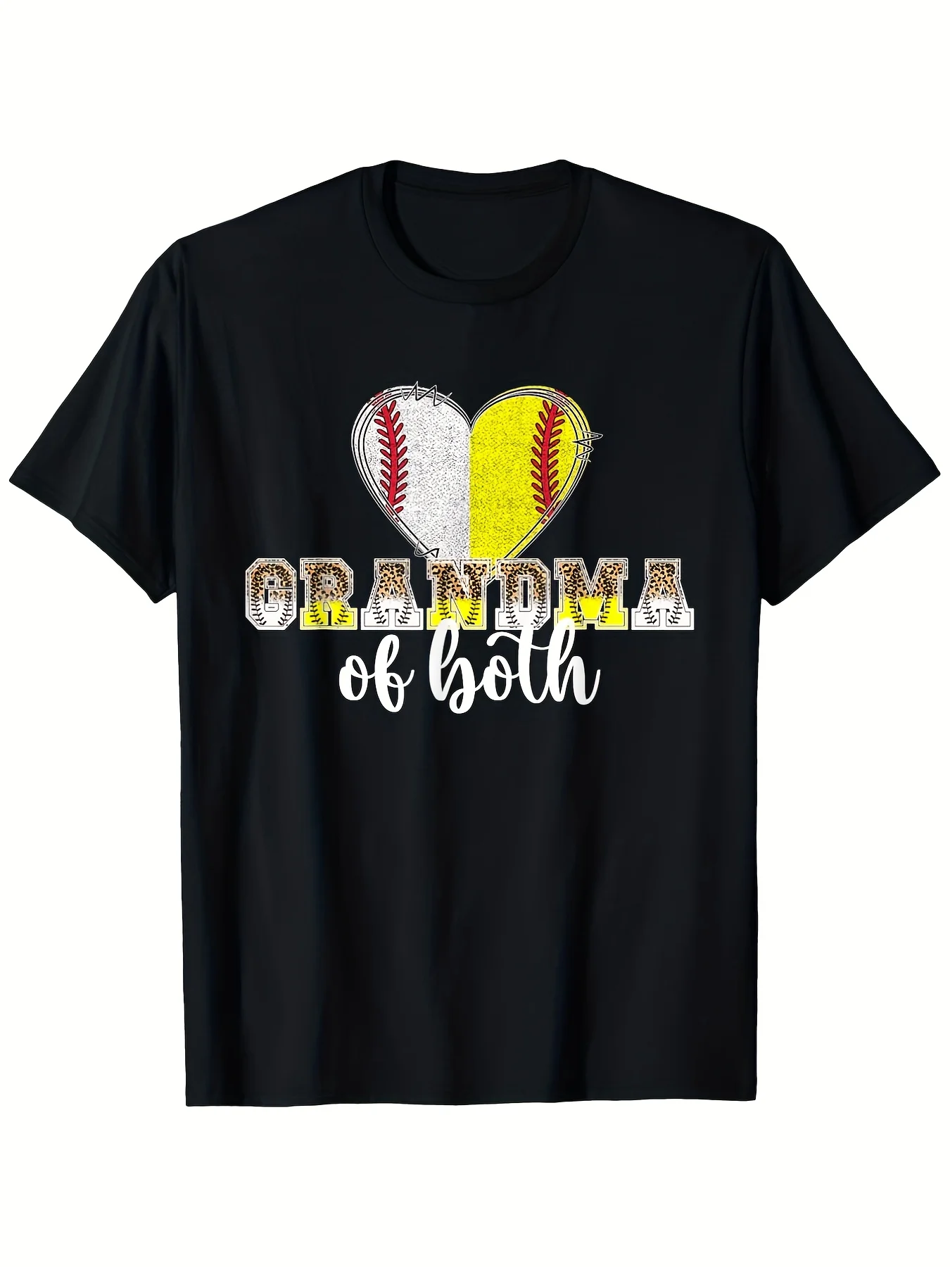 1pc Grandma of Both Heart Softball & Baseball Graphic T-Shirt - 100% Cotton Retro Sports Design with Softball/ Baseball Bat & Ball Print