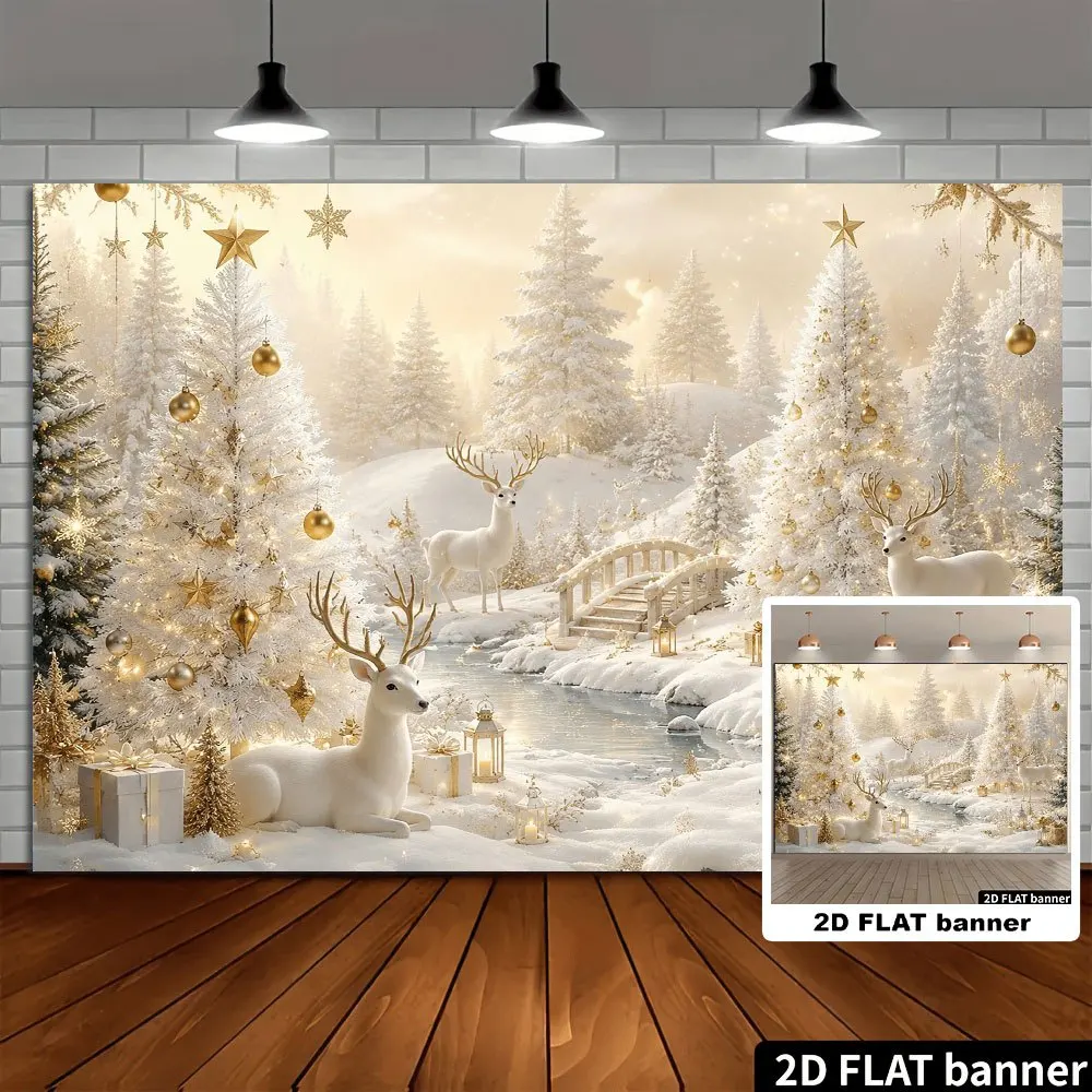 1pc Winter Christmas Banner with Snowy Pine Forest, Reindeer & Gift Decorations - Suitable for Indoor/Outdoor Holiday Party