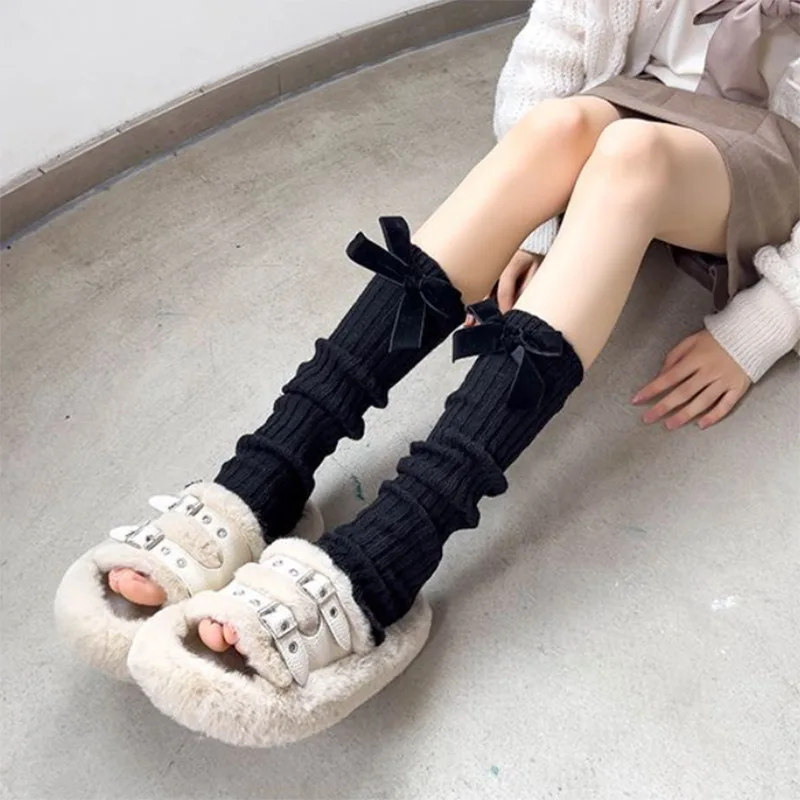 Japanese Women Knitted Leg Warmer Bow Socks for Girl Lolita Socks Calf T-shaped Lace Leg Horn Warmers Women
