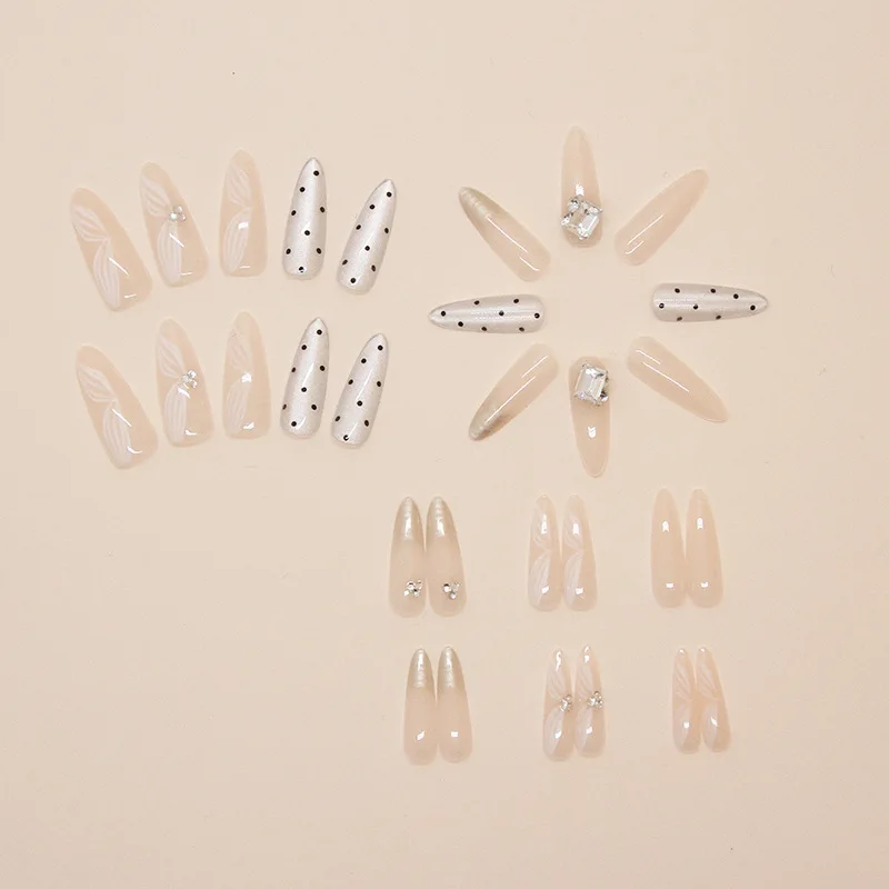 30 pieces of long coffin shaped press on nails, sparkling diamond fake nails with 1 nail glue and 1 nail file,