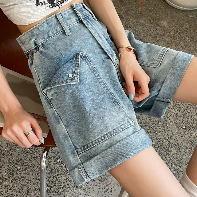 High Waist Wide Leg Short Jeans Summer Ice Blue Cuffed Edge Summer Thin New Loose Pants Pockets Flip Design Denim Casual Shorts
