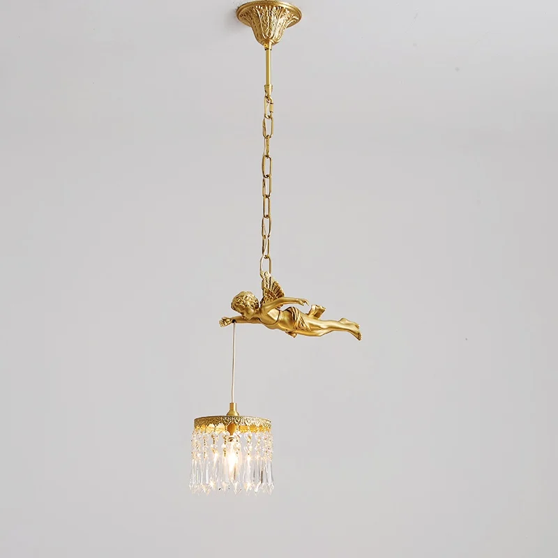 

Retro Crystal Chandelier Children's Room Girl Bedroom Little Angel Bedroom Bedside Living Room All Copper Ceiling Pendant Lamp
