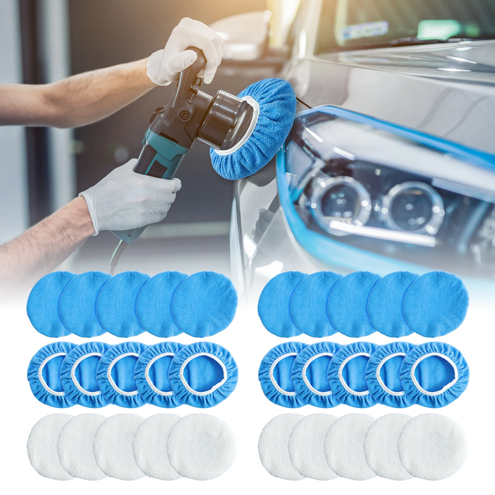 15Pcs Car Polisher Pad Bonnet 7 to 8 Inch/9 to 10 Inch Reusable Car Buffing Pads with Microfiber Wax Pads and Woollen Polishing