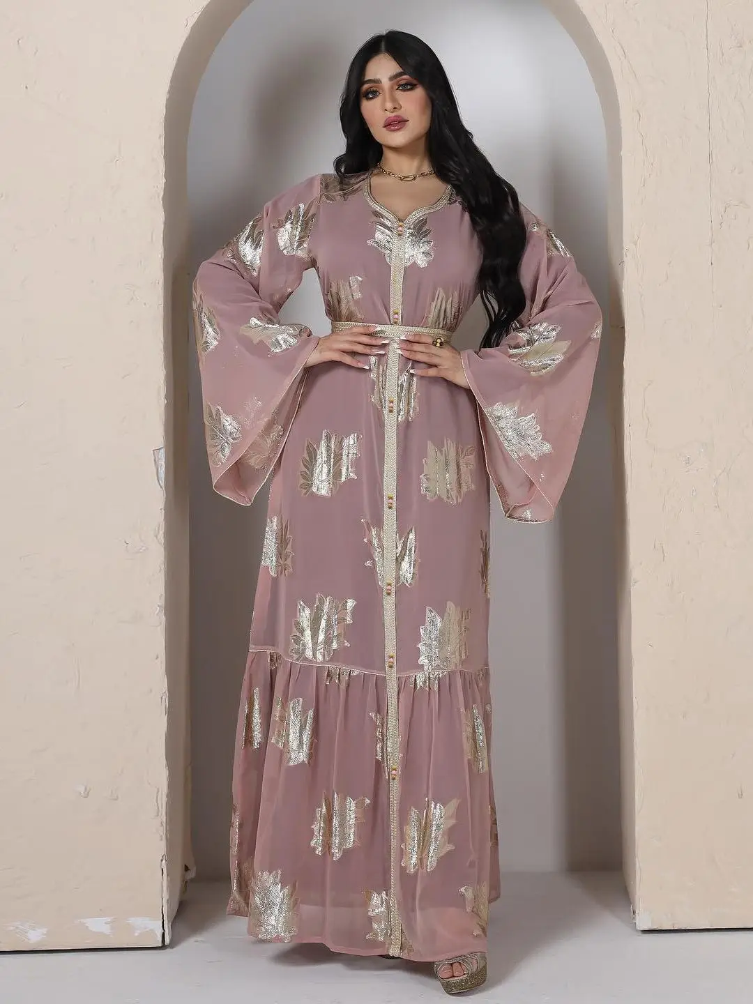 Fashion Shiny Bronzing Islam Muslim Dress Caftan Dresses Women Djellaba Robe Longue Vetement Musulmane Femme With Belt Wy917