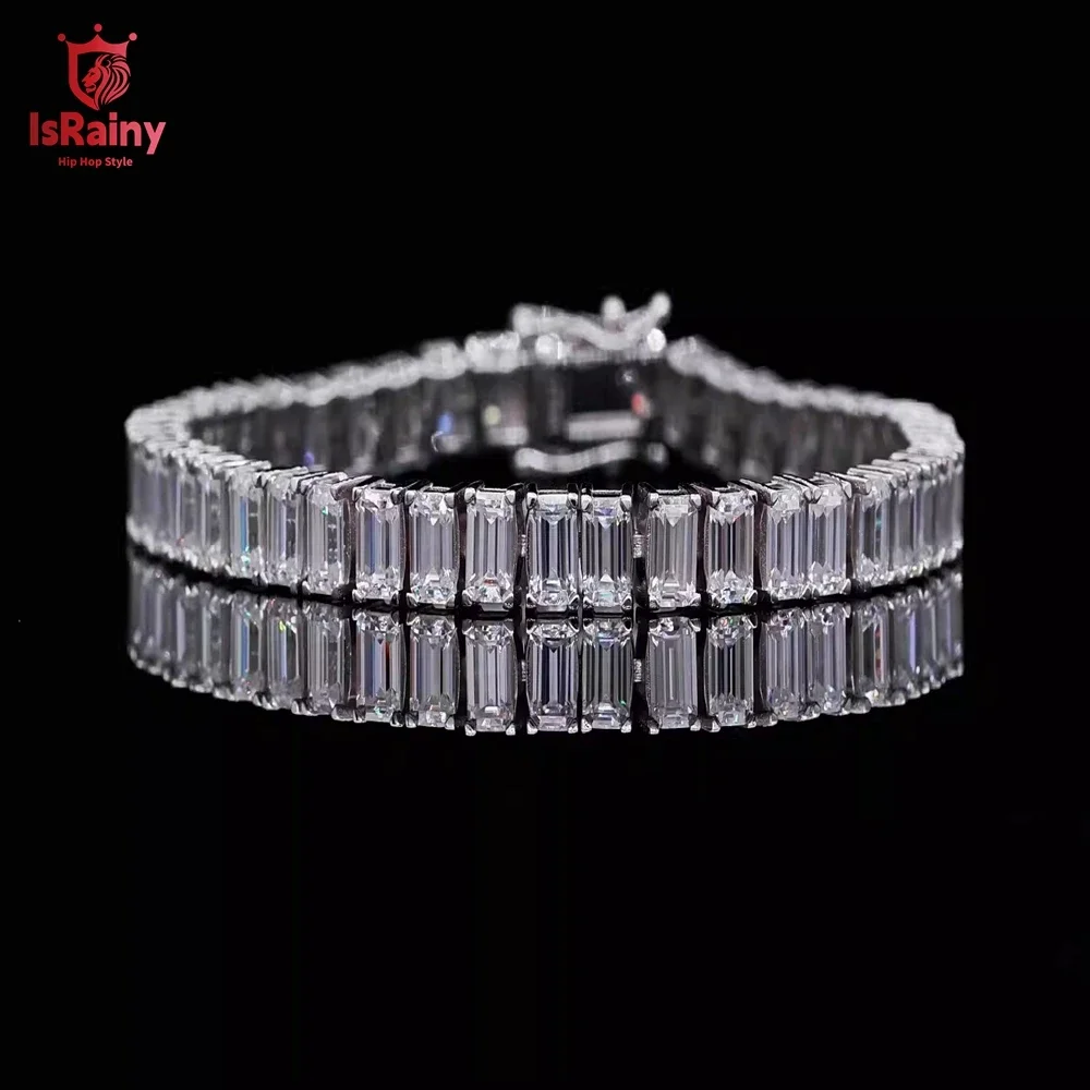 

IsRainy 925 Sterling Silver Baguette Cut D Color Moissanite Bracelet Diamong Wedding Anniversary Luxury For Women Jewelry Gift