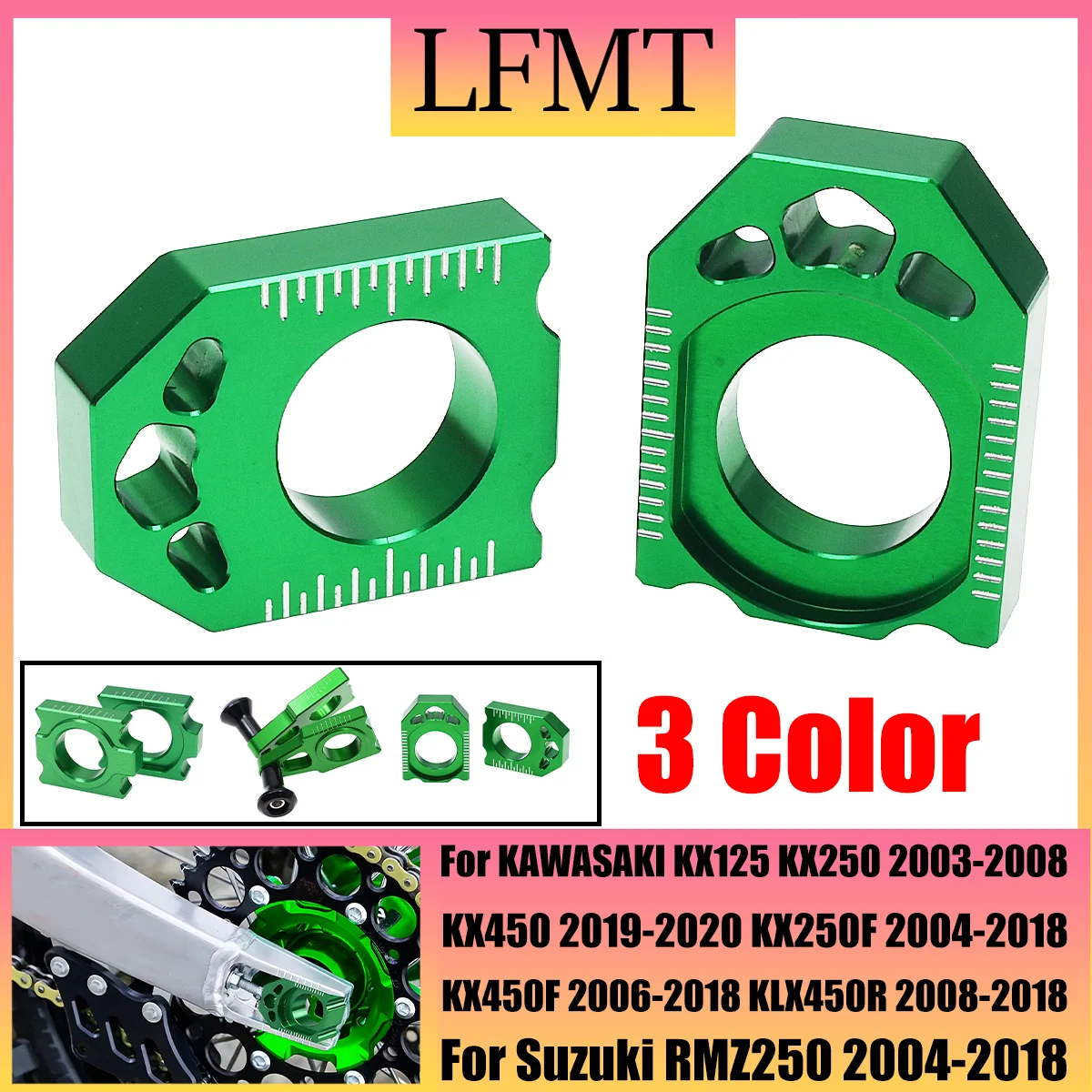 

For KAWASAKI KX250F KX450F 2004 2005 2006 2007 2008 2009 2010 2011 2012 2013 2014 2015 2016 CNC Green Axle Block Chain Adjuster