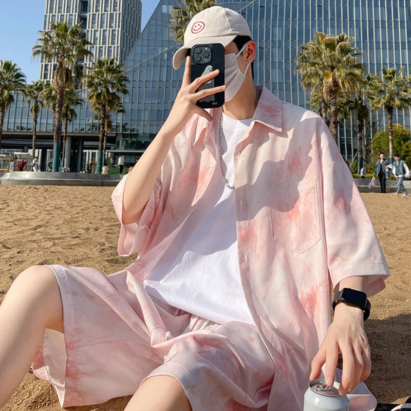 Harajuku Summer Oversized Shirts Two Piece Sets for Men Hip Hop Creative White Tie Dye Graphic Blouse Y2K Aesthetic Shorts Pants