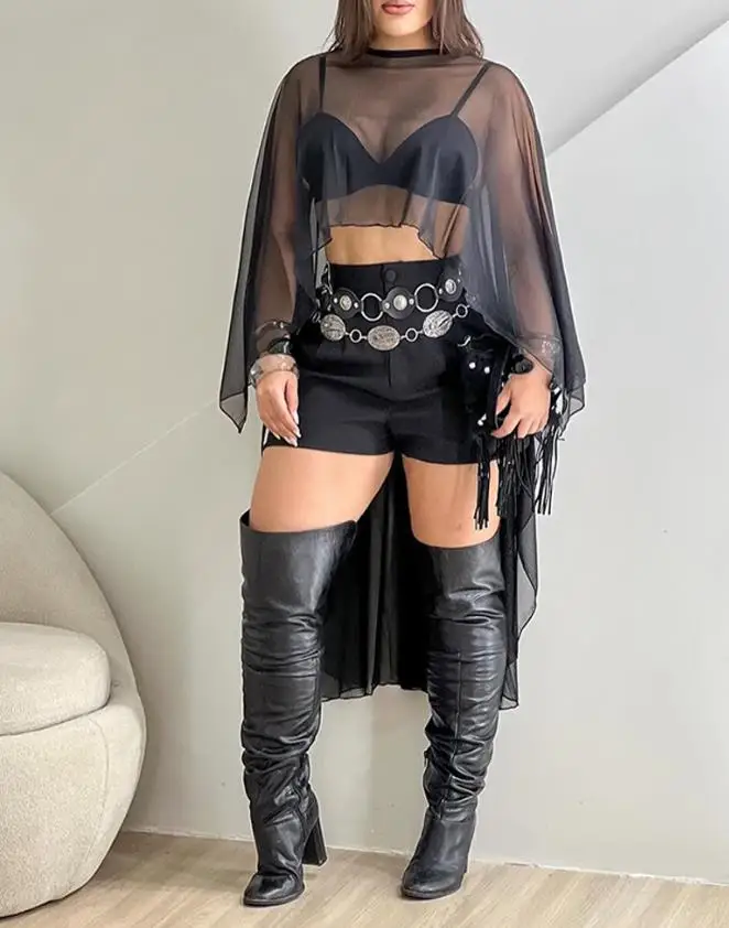 

Women's Top See Through Asymmetrical Hem Chiffon Cover Up with Bandeau Top Sweet and Spicy Girl Style Fashionable Retro Top