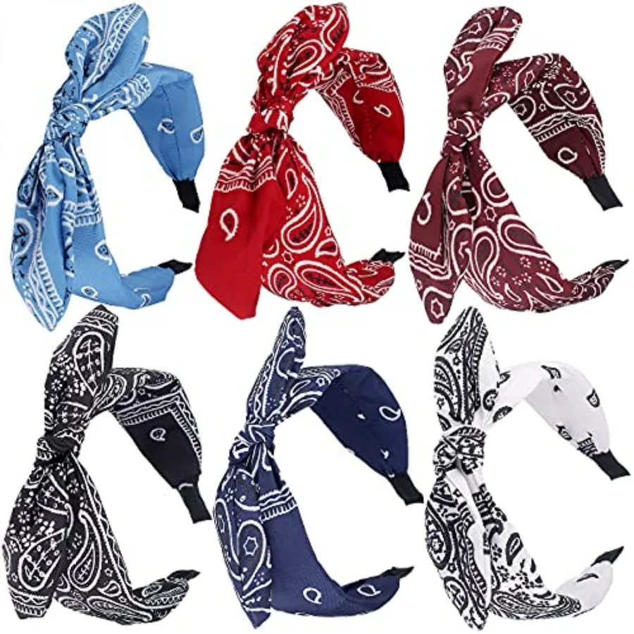 

6pcs Paisley Knotted Bow Headbands with Removable Rabbit Ears - Top Knot and Turban Styles for Women and Girls