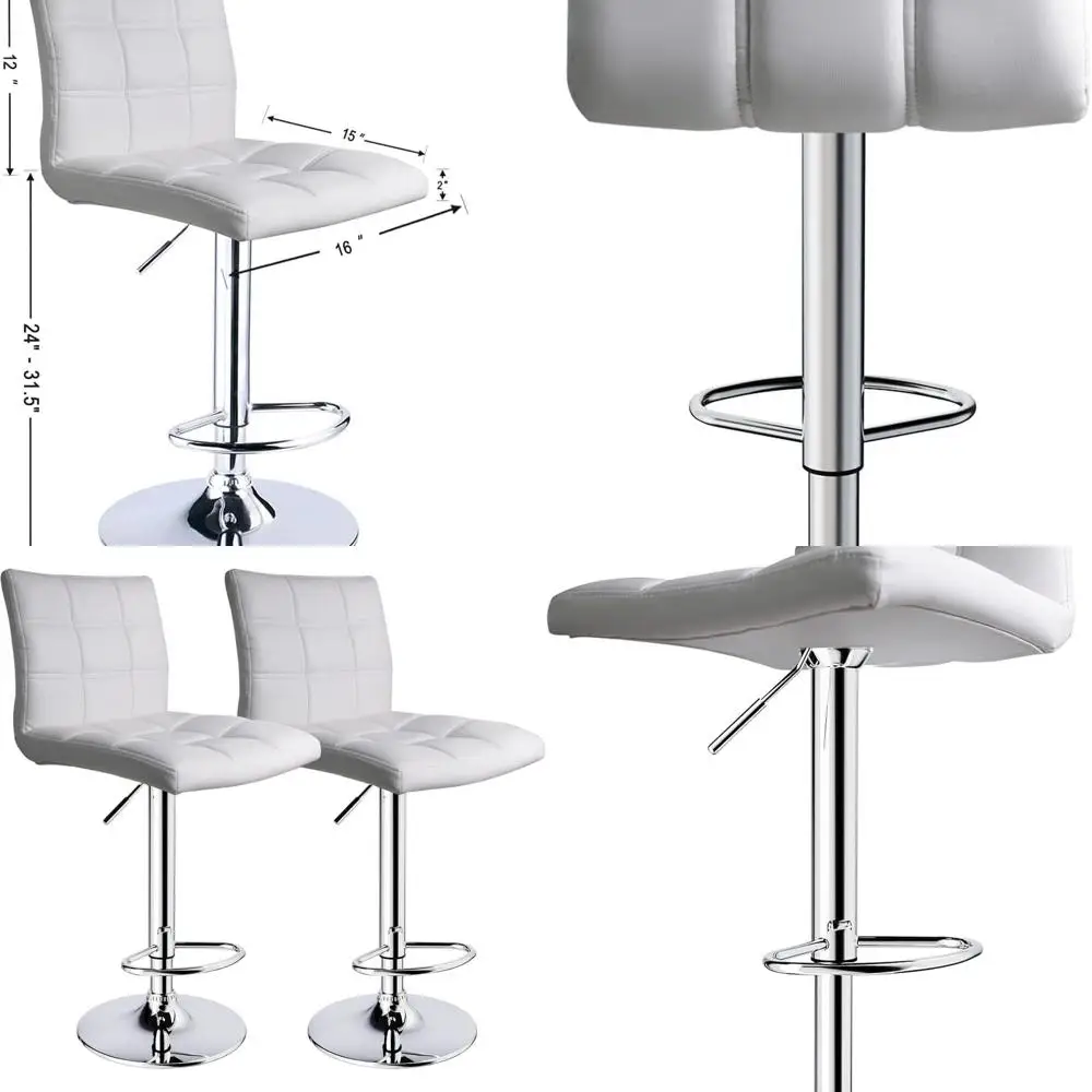 

White Modern Square PU Leather Swivel Bar Stools with Back, Set of 2, Adjustable Height for Kitchen Counter