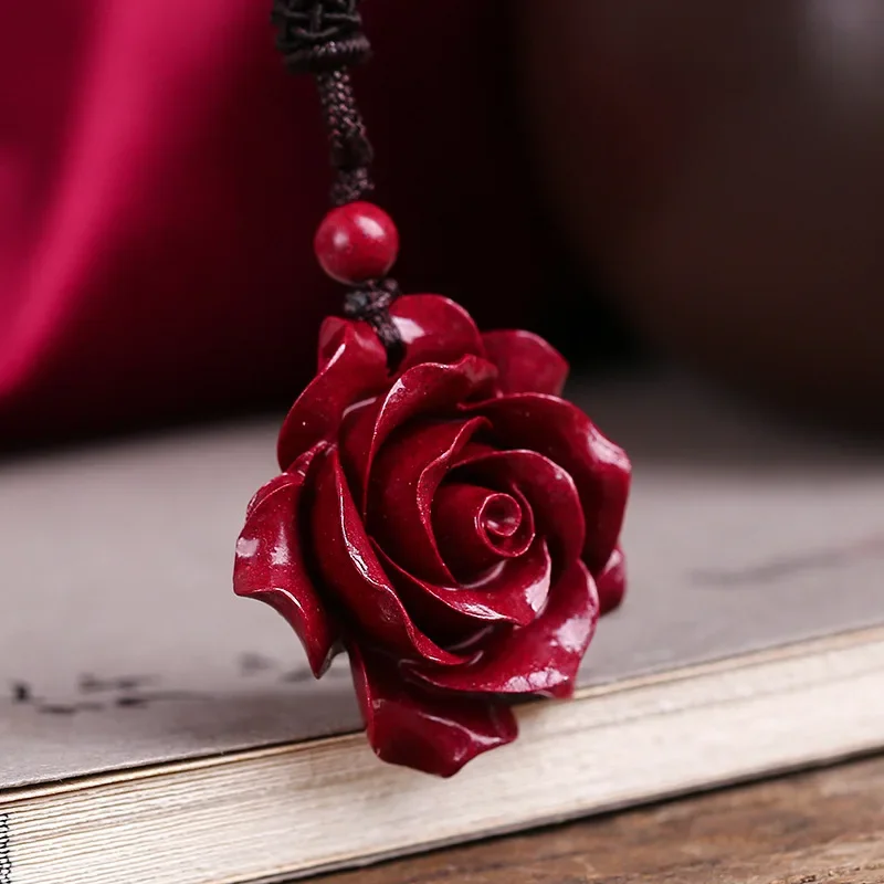 

Fashion Cinnabar Jade Rose Flower Pendant Necklace Jewellery Chinese Healing Women Man Luck Gift Sweater Chain