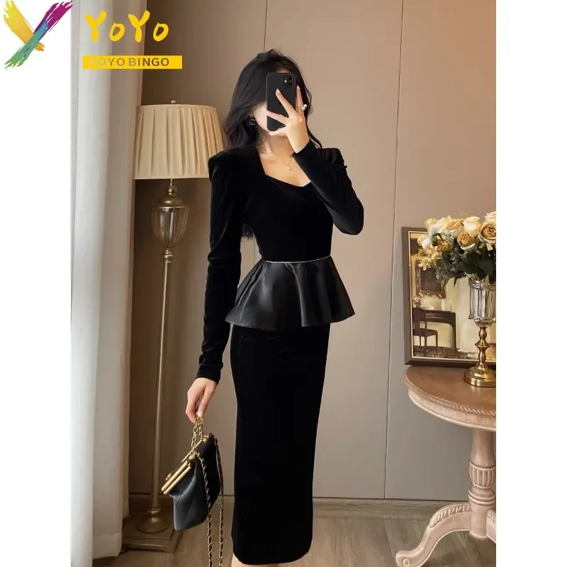 

Элегантное деловое черное бархатное платье с оборками и длинным рукавом, осень/зима 2024, французское модное облегающее офисное роскошное платье