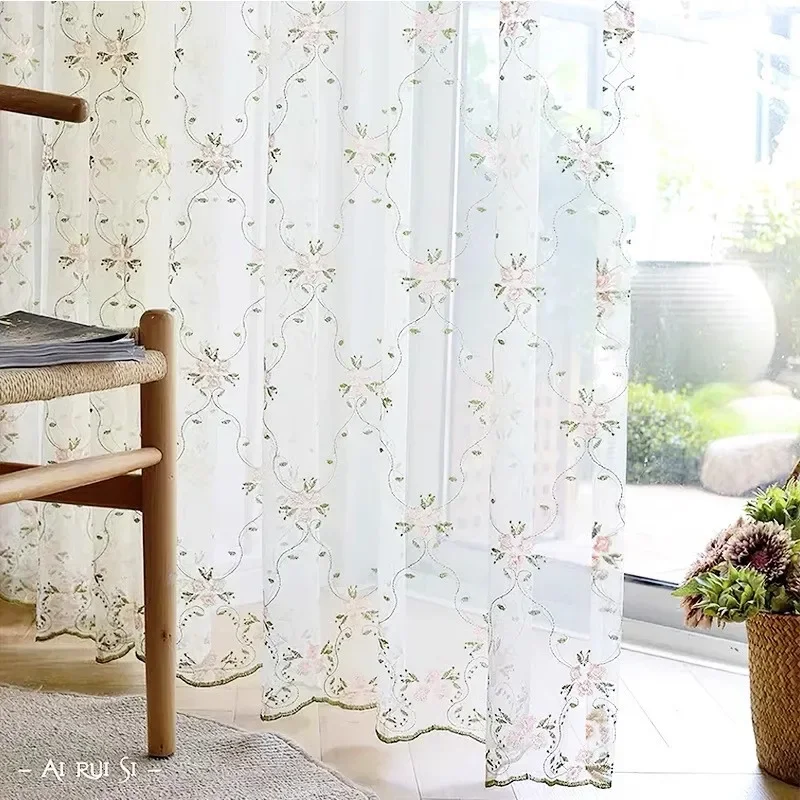 American Pastoral Curtain Gauze Free of Punching Bay Window Balcony Window Screen Floral Fresh Breeze Translucent Gauze Decor