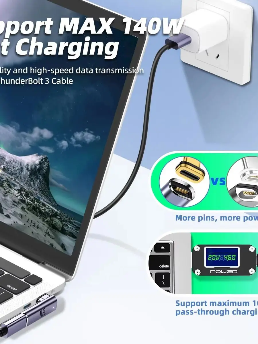 Adapter USB4.0 Thunderbolt3 Magnetyczny USB-C na USB-C 140W 40Gbps Szybkie Ładowanie Magnetyczny Konwerter Kabla Ładowania 8K@60Hz Adapter USB-C — 2