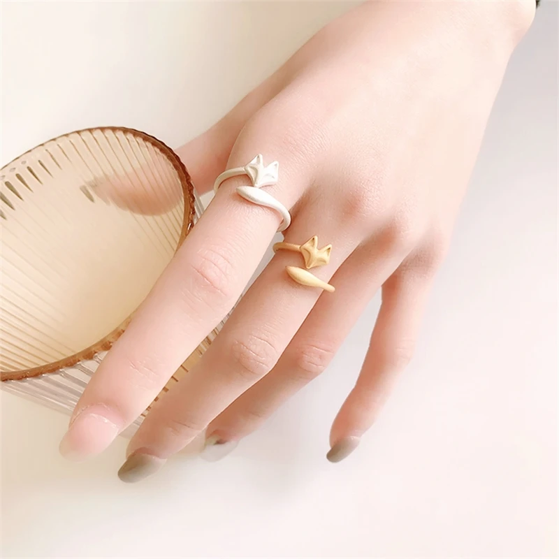 Frosted Cute Mini Fox INS 925 Sterling Silver Female Resizable Opening Rings RI1210