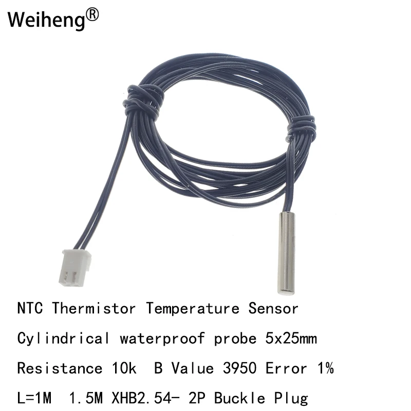 1PCS 10k B3950 Cylindrical Waterproof Probe 5X25 NTC Thermistor Temperature Sensor Long 1m 1.5m XHB2.54- 2P Buckle Plug