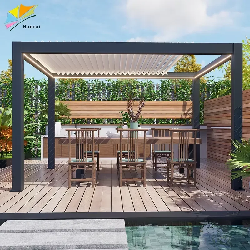 Sun Shade Louvered Aluminium Motorized Folding Pergola Rotate Separately Adjustable Retractable Roof