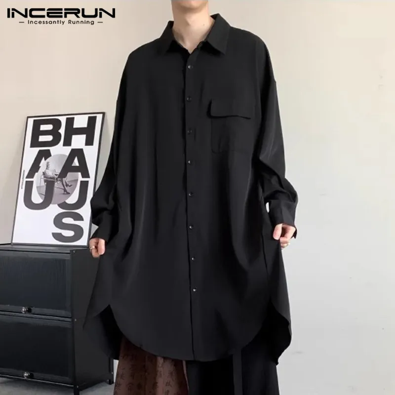 INCERUN Tops 2024 Korean Style Handsome New Men Irregular Hem Mid Length Shirts Leisure Streetwear Male Solid Loose Blouse S-5XL