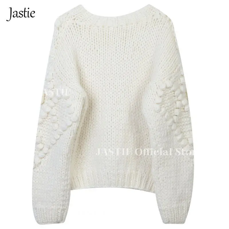 Jastie Heavy Industry Hand Hook Sweater 2023 Autumn And Winter New White Flower Splicing Loose O Neck Sweet Knitted Cardigan Top