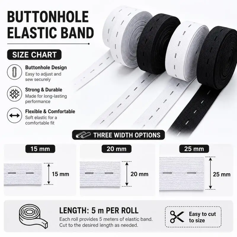 DIY Nähzubehör 15mm 20mm 25mm Knopfloch-Gummiband Weiß Schwarz Knopfloch-Taillenband Verstellbar 5 Meter – Detail 3