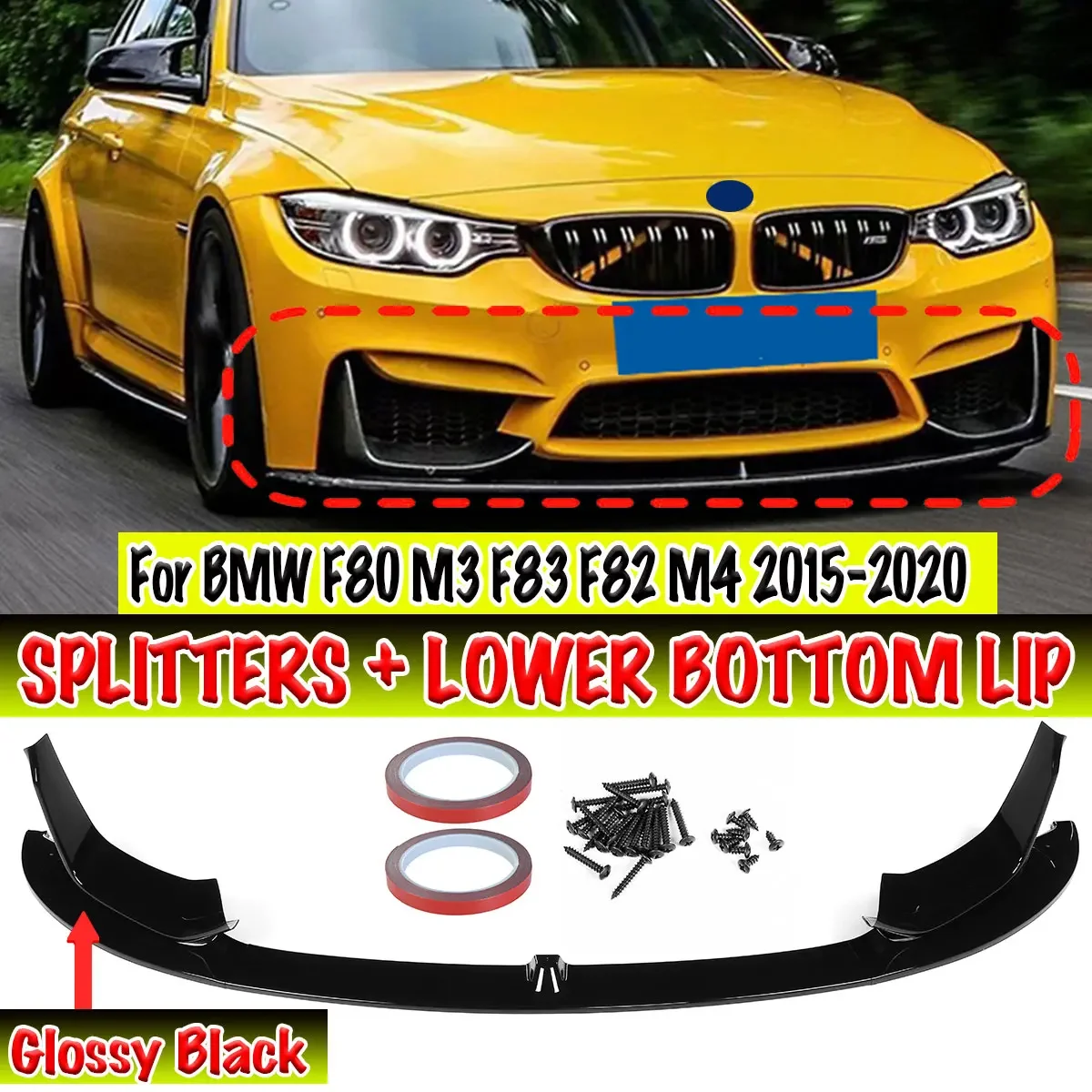 

F80 Car Front Bumper Spoiler Lip Diffuser Body Kit + Side Splitter Aprons Guard Protector For BMW F80 M3 F83 F82 M4 2015-2020