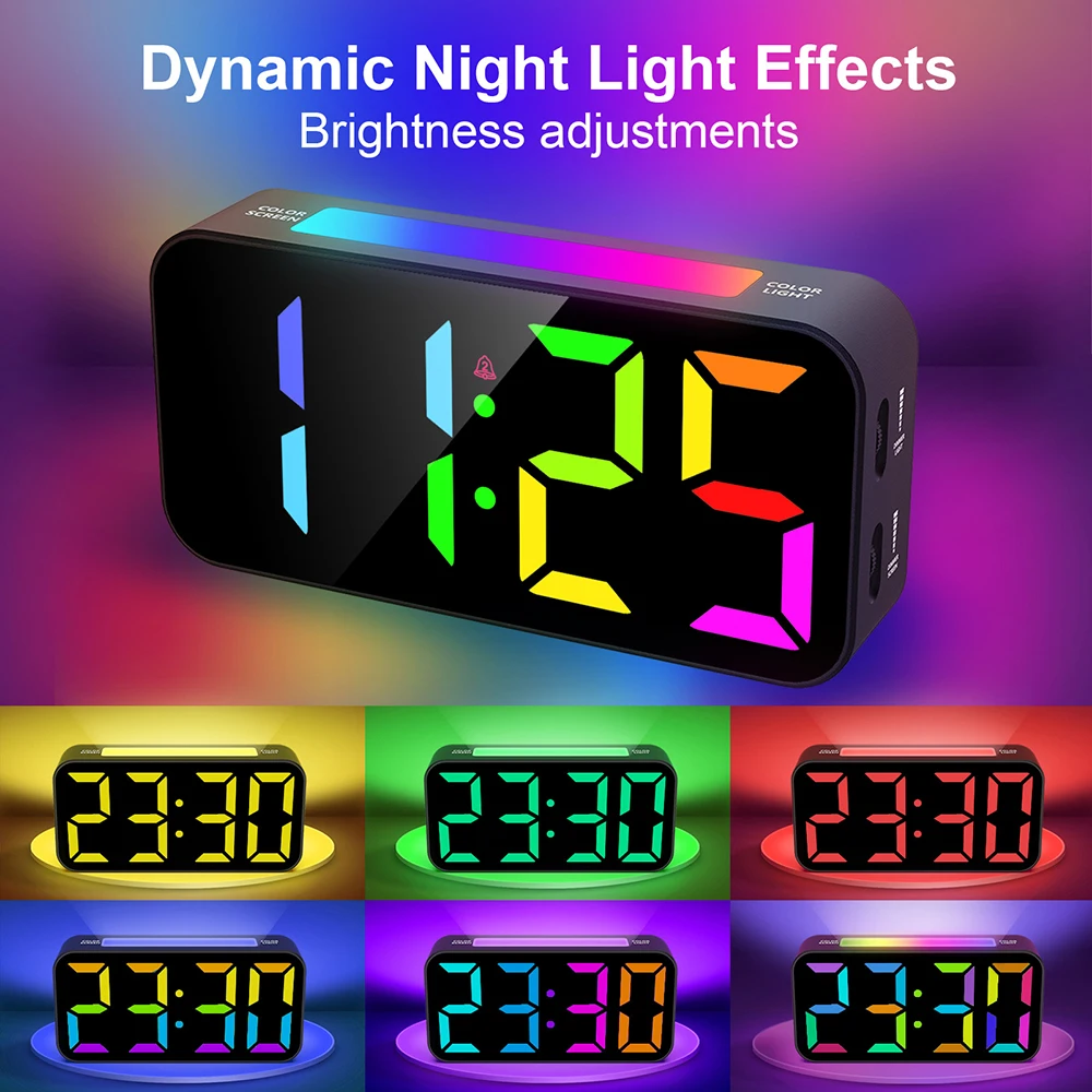 Digital Vibrating Alarm Clock Large Display LED Clock with Colorful LED Night Light Bed Vibrator Snooze Alarm Clock 12/24H