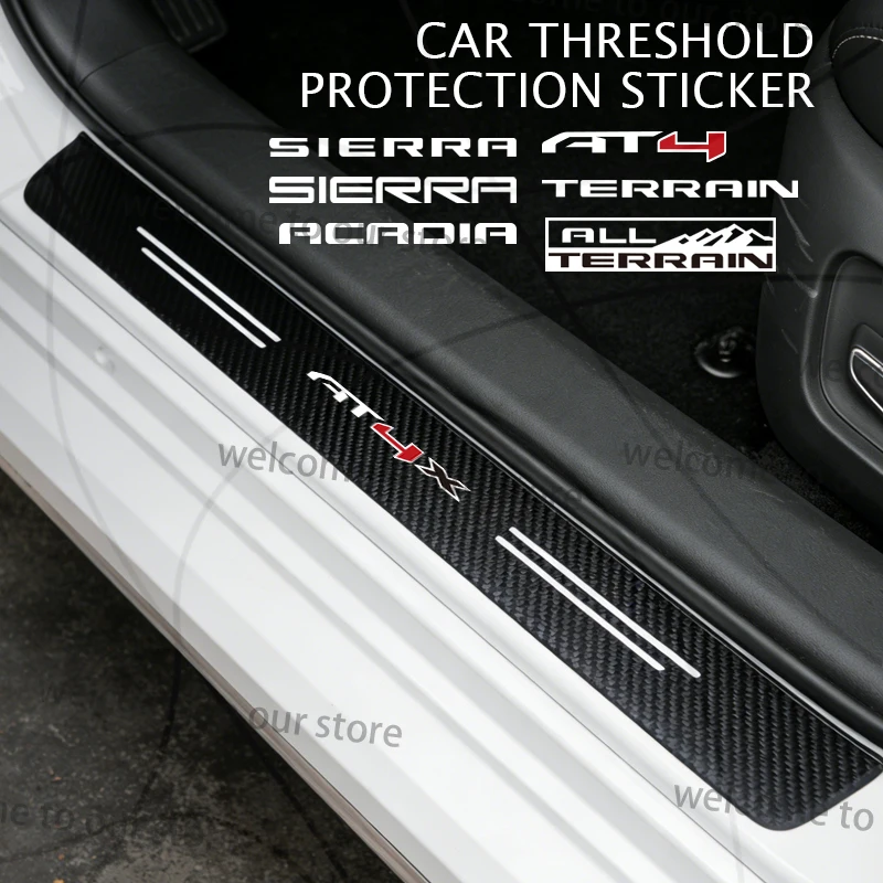 4/5PCS Pegatinas de fibra de carbono para el umbral de la puerta del coche y el maletero, con logo SIERRA AT4 X Acadia ALL TERRAIN Yukon Canyon Denali Acadia