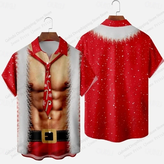 

2026 Новая рождественская гавайская рубашка с 3D принтом Санта-Клауса для мужчин и женщин, модная рубашка с короткими рукавами и лацканами, пляжная блузка, новый год