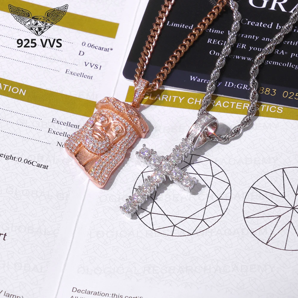 

Подвеска в виде головы Иисуса 925 VVS с покрытием из розового золота, стерлинговое серебро 925 пробы Iced Out, муассанитовый крест, подвеска, ювелирные изделия, тест на бриллиант