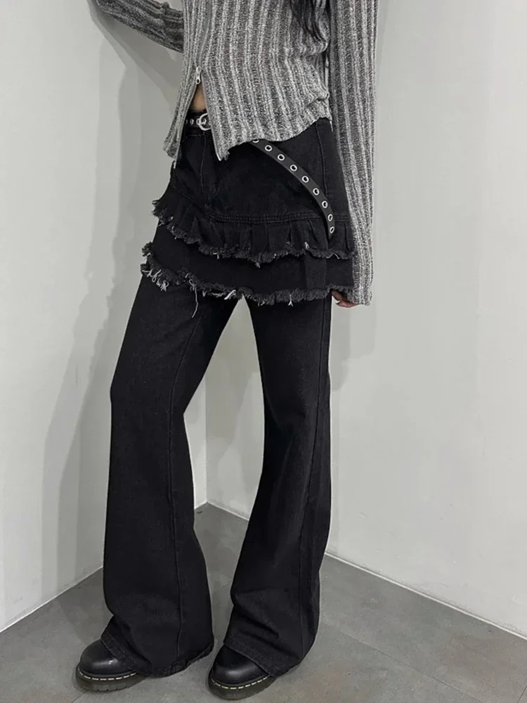 High Waist Fake Two-Piece Spring Design Chic Mix-and-Match Denim Skirt Pants Long Leggings for Women Casual Wide Leg Jeans