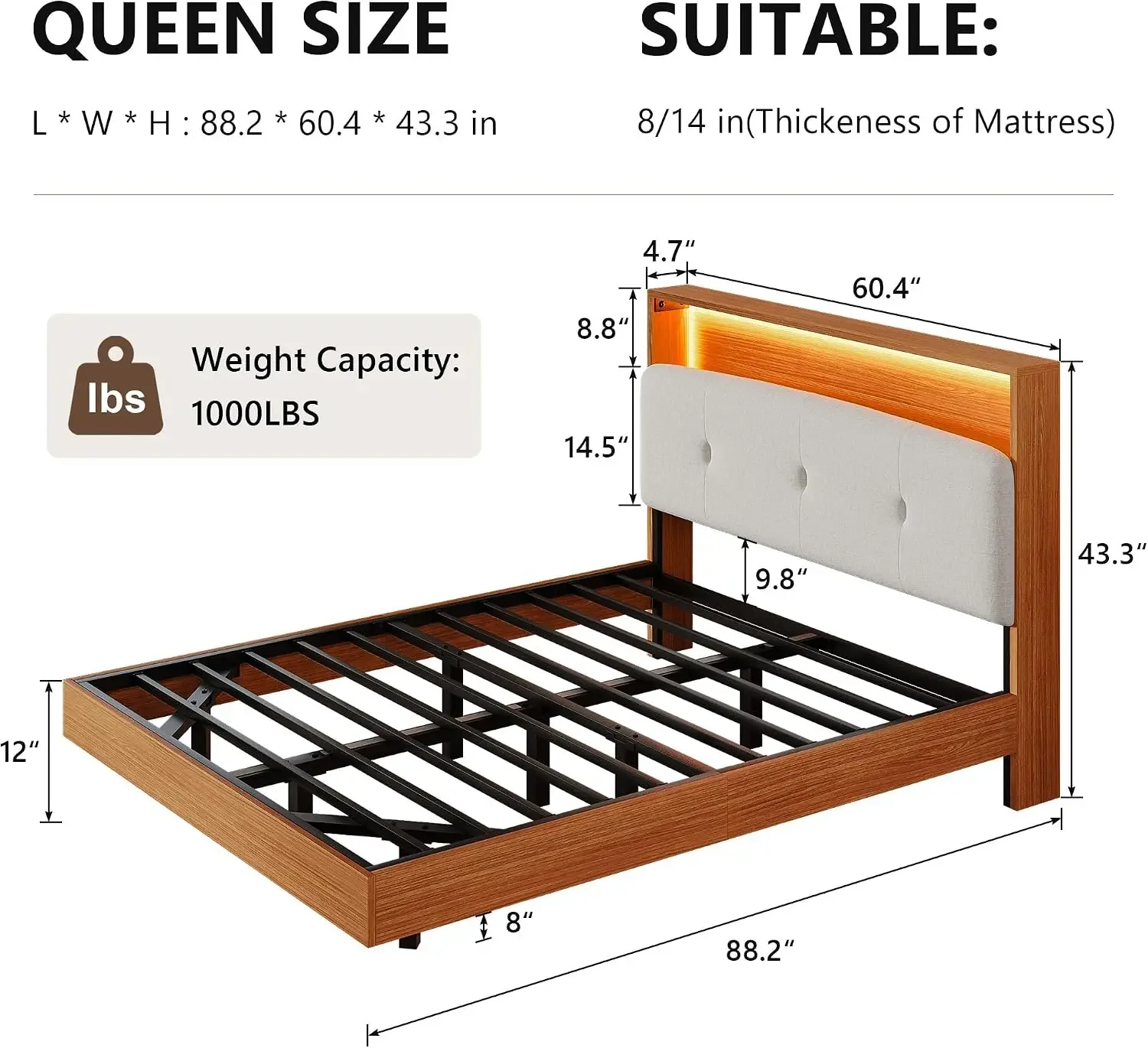 Floating Bed Frame Queen with 2-Tier Storage Linen Fabric Upholstered Headboard, Wooden Platform Bed Frame w/Charging Station &