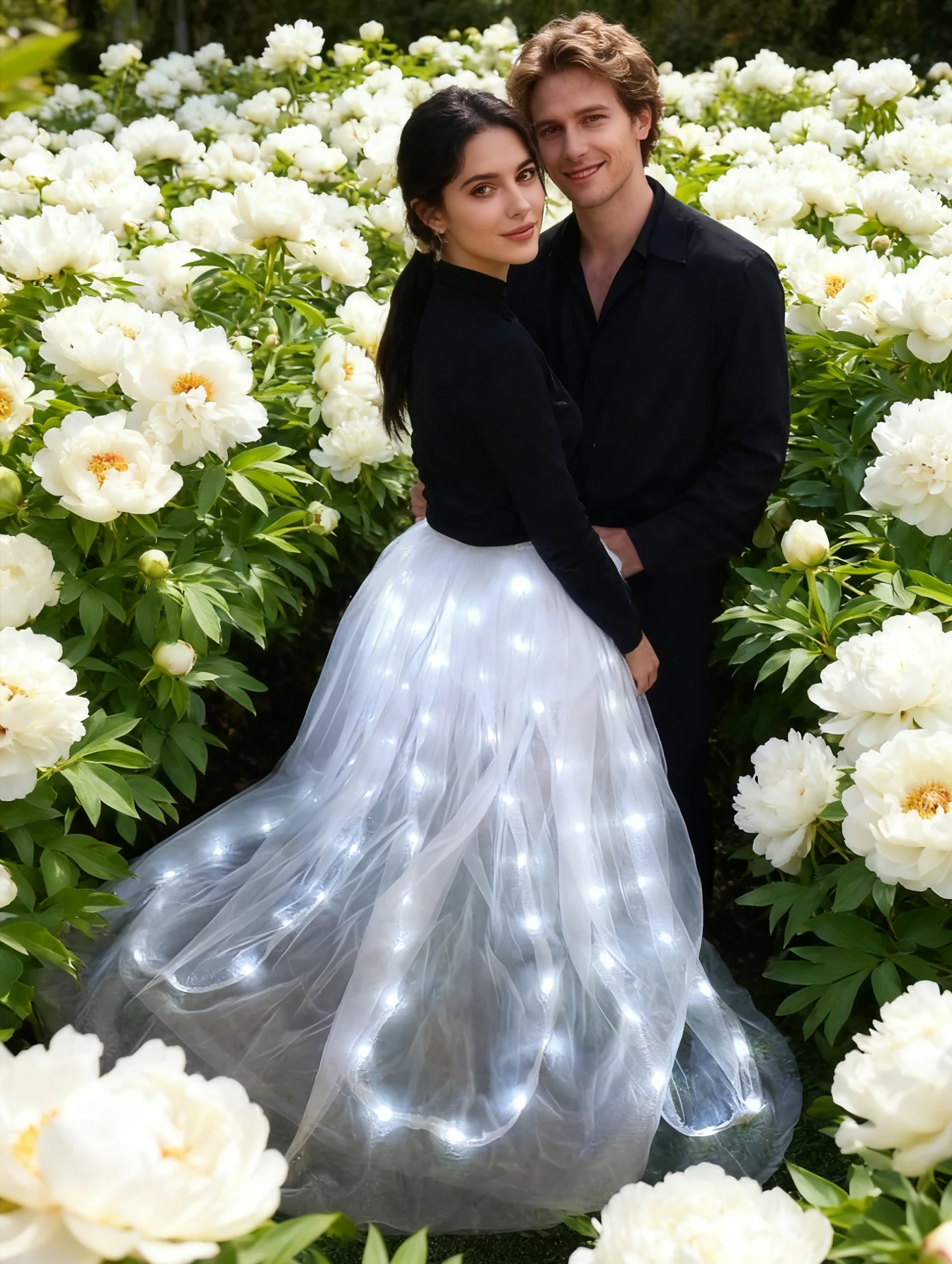 

Белая светящаяся юбка-парусник, блестящий жемчужно-белый, свидает на каждом шаге, как рябь под луной, об исключением прохладного, но