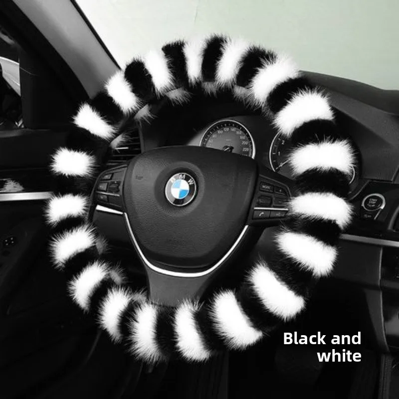 New luxury imported mink hair car steering wheel, winter black and white fur integrated handle universal