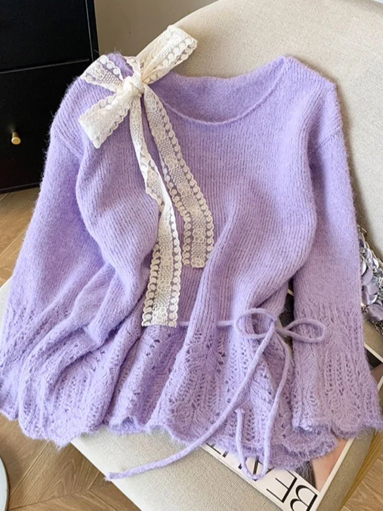 

Женский кружевной трикотаж с узлом на талии, утягивающий топ, корейский свободный крой, длинный круглый пуловер Sve Ne