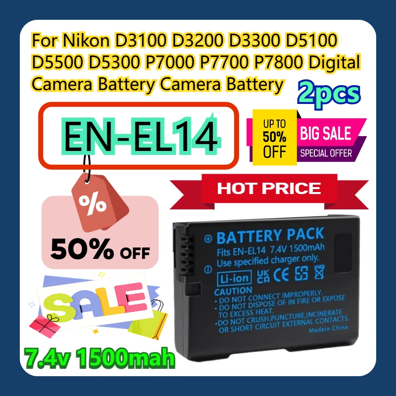 

2pcs For Nikon D3100 D3200 D3300 D5100 D5500 D5300 P7000 P7700 P7800 Digital Camera Battery EN-EL14 Camera Battery