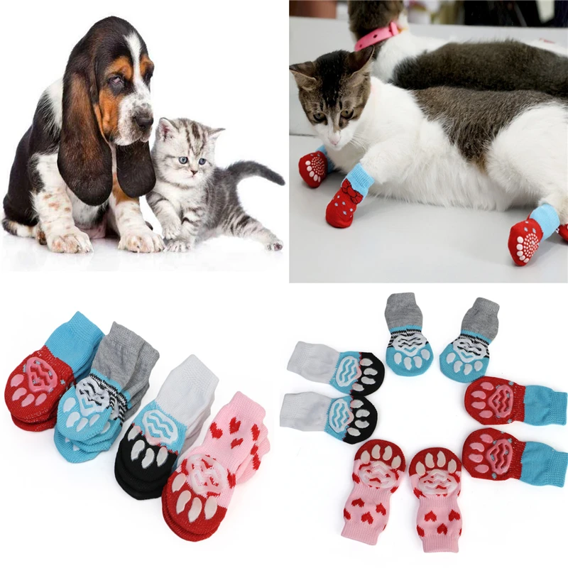 4Pcs Winter Anti-Slip Pet Dog Socks Small Cat Dogs Knit Warm Socks Chihuahua Thick Paw Protector Dog Socks Booties Accessories