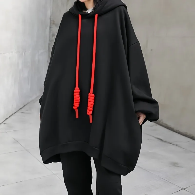2026 New Women Mid-length Oversized Loose Hoodie Autumn Winter European American Fashion Streetwear Red Drawstring Black Coat