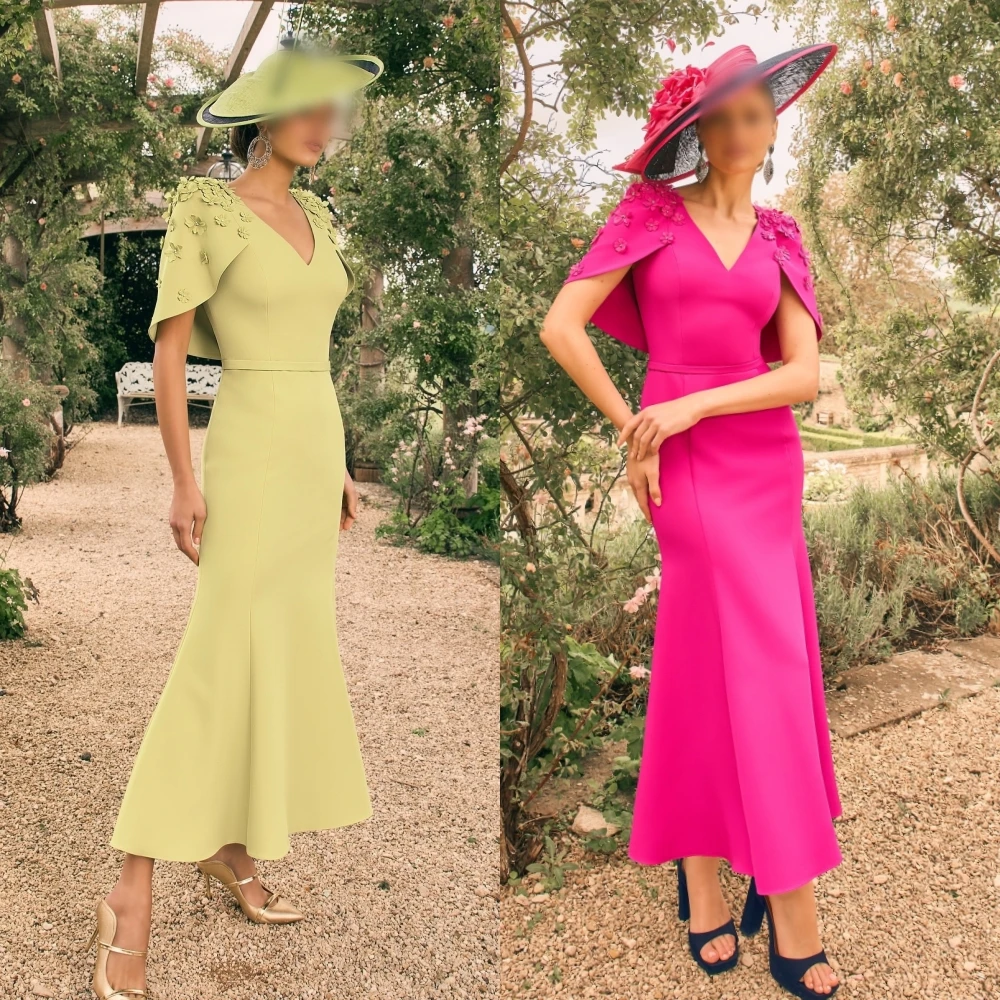 

Customized High Quality Evening Dress Applique Flowers V-neck Mermaid Midi Dresses Bespoke Occasion Elegant Party Wedding